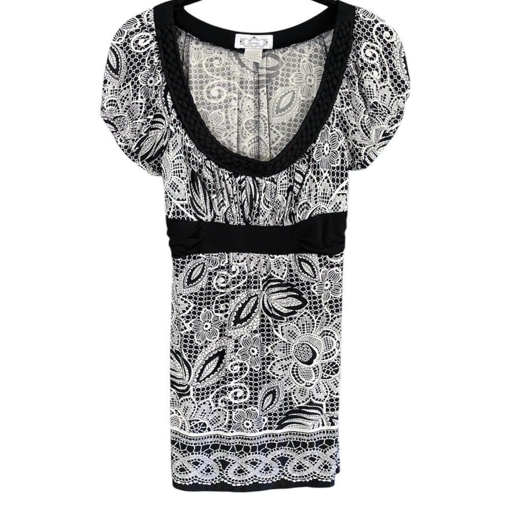Trixxi Y2K Babydoll Top Puff Sleeve M Black Paisley Floral Scoop Neck Whimsigoth